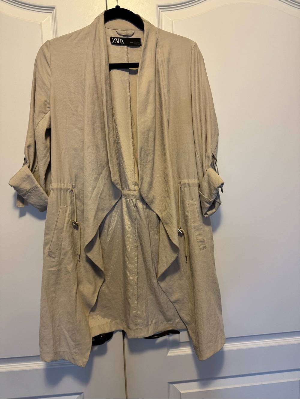 Zara Light Beige Open-Front Draped Trench Coat
